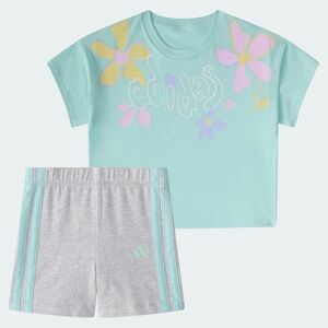 NWT adidas Floral Print Graphic Tee & Biker Shorts Set Light Aqua 4t 4 Toddler